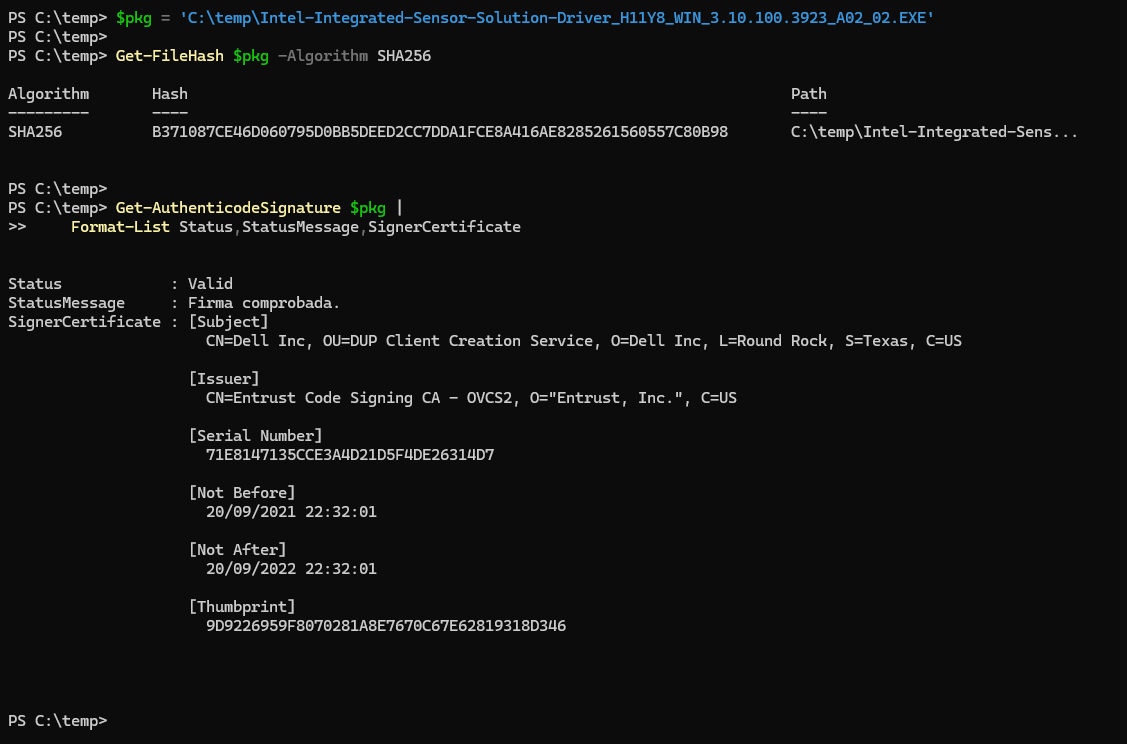 SHA-256 coincidente y firma Authenticode válida del Dell Update Package exterior.